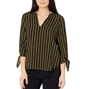 Michael Kors Black Gold Chain Stripe v neck knot blouse small new with tags
